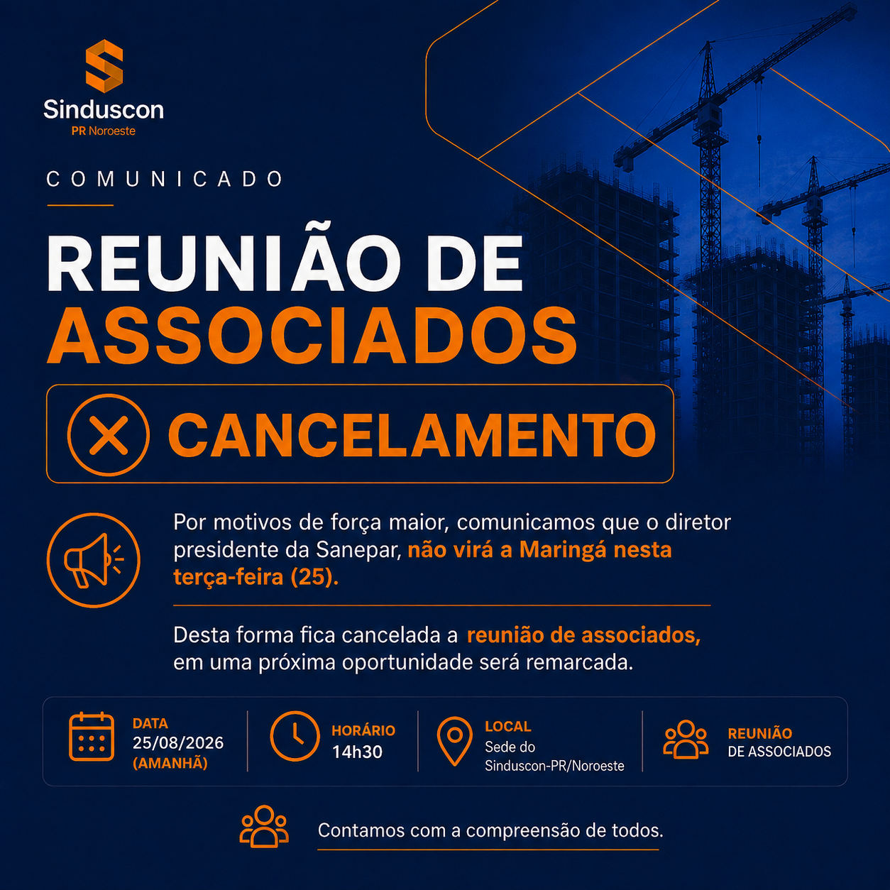 ⚠️ Comunicado – Cancelamento Da Reunião De Associados 25/08